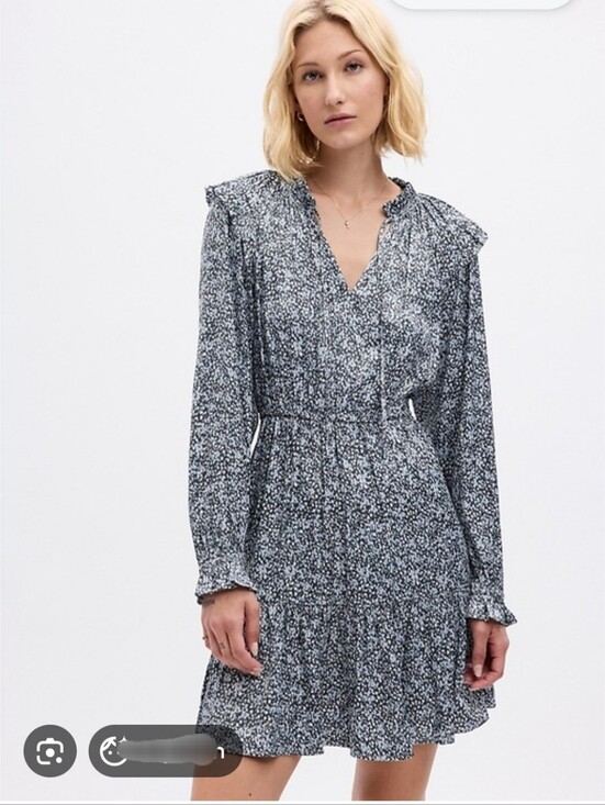 GAP Dresses & Skirts - Bohemian Split Neck Tiered Mini Dress Floral Blue Ruffled Satin Preppy Fairy XS